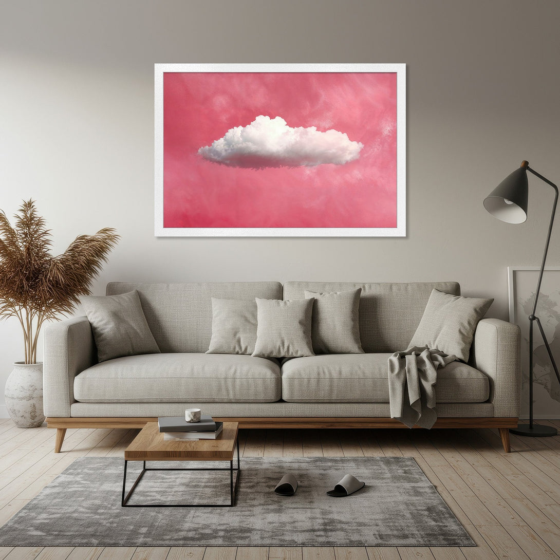 Framed Poster featuring a cloud against a pink sky. Modern art style with a soft pink and white color palette. Perfect wall decor!