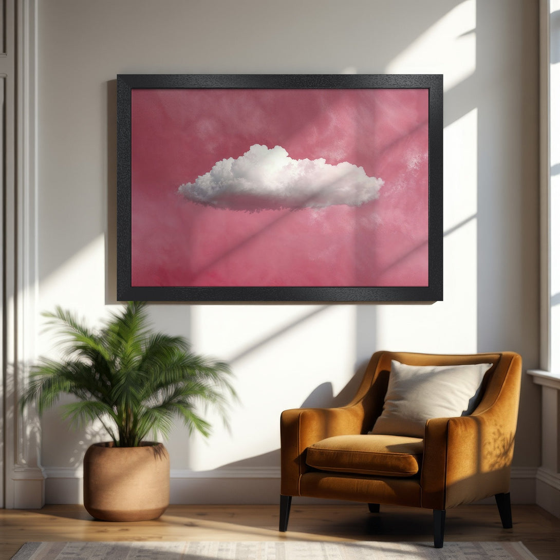 Framed Poster featuring a dreamy cloudscape in pink and white. Modern art style, perfect for home decor.