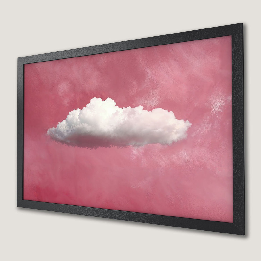 Framed Poster featuring a fluffy white cloud against a pink sky. Modern art style with a soft, dreamy color palette.