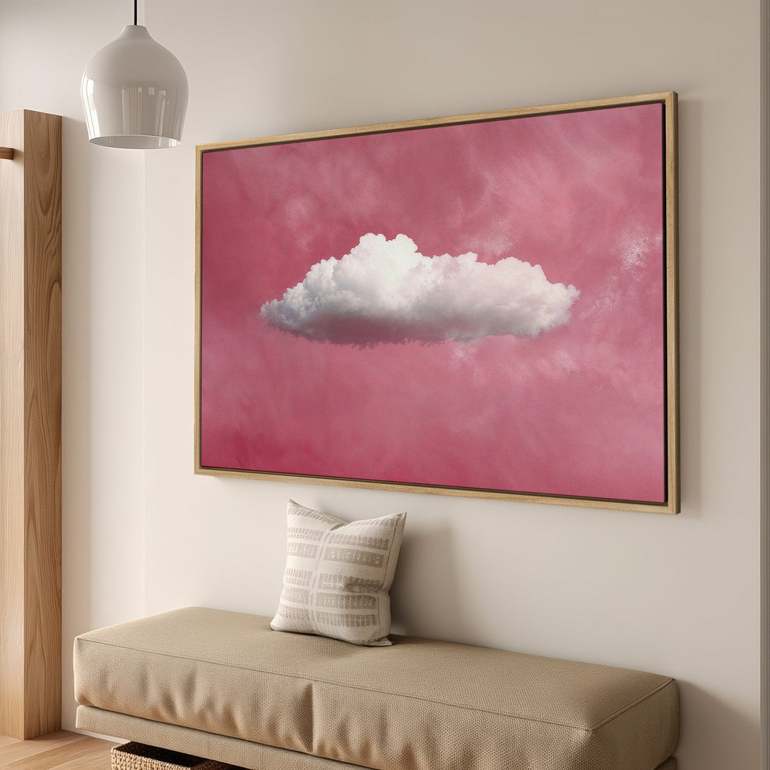 Framed Wall Art: Cloud print in a modern interior. Pink sky and white cloud artwork. Add a touch of serenity to your space with this canvas print.