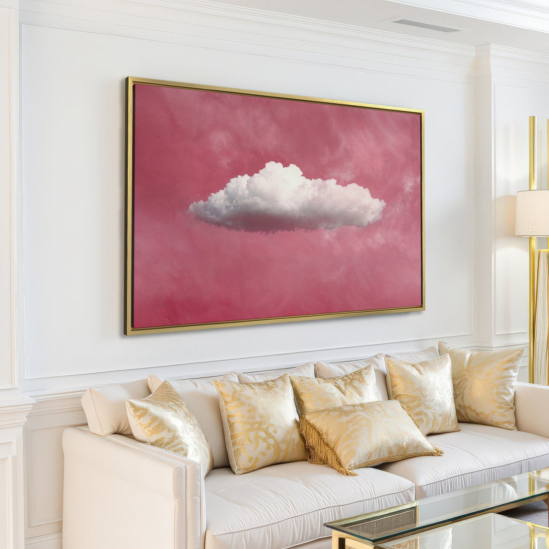 Canvas Print of a cloud in a pink sky, modern art. Adds a pop of color to any space. Neutral interior with white and pink tones.