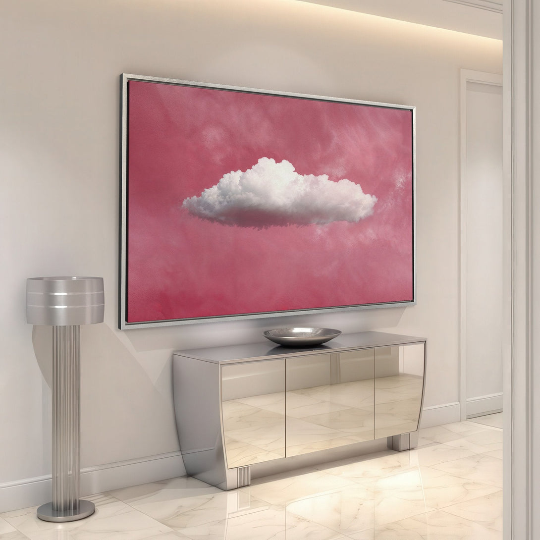 Framed Wall Art featuring a dreamy cloud over a pink sky. Add a touch of modern art with this beautiful canvas print, perfect for any interior.