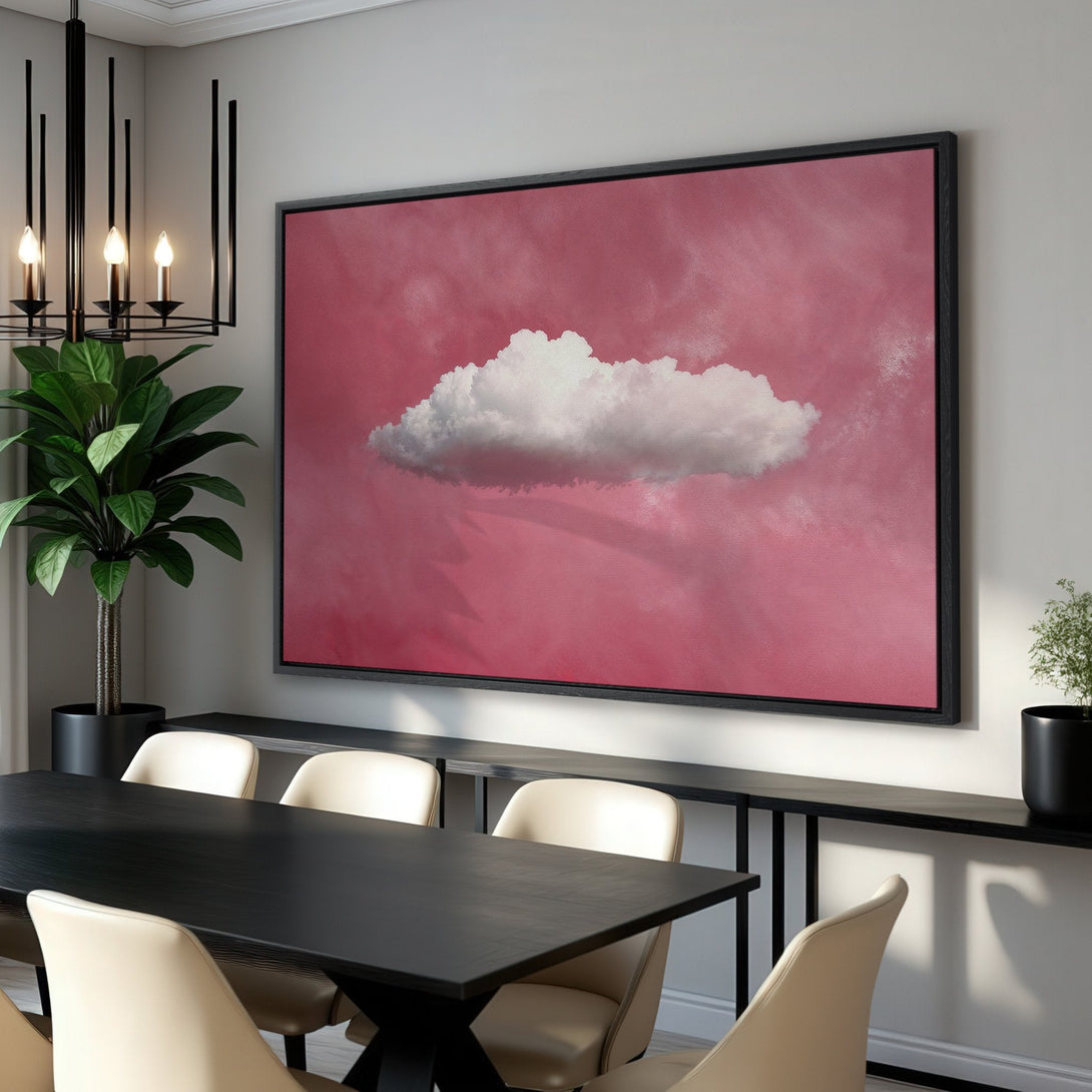 Framed Wall Art featuring a dreamy cloud against a pink sky. Modern style, perfect for adding a pop of color to any room. Shop now for unique wall decor!