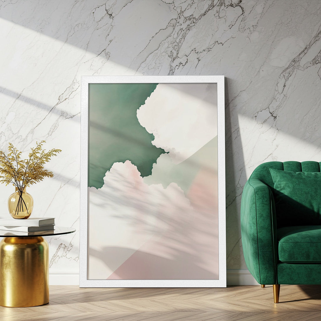 Framed Poster featuring abstract cloud art in muted green and pink tones. Modern wall decor for a stylish home.