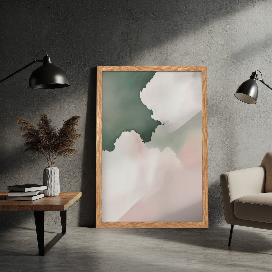 Framed Poster featuring abstract cloud art in a soft, minimalist style with a calming green and pink color palette. Perfect wall decor!