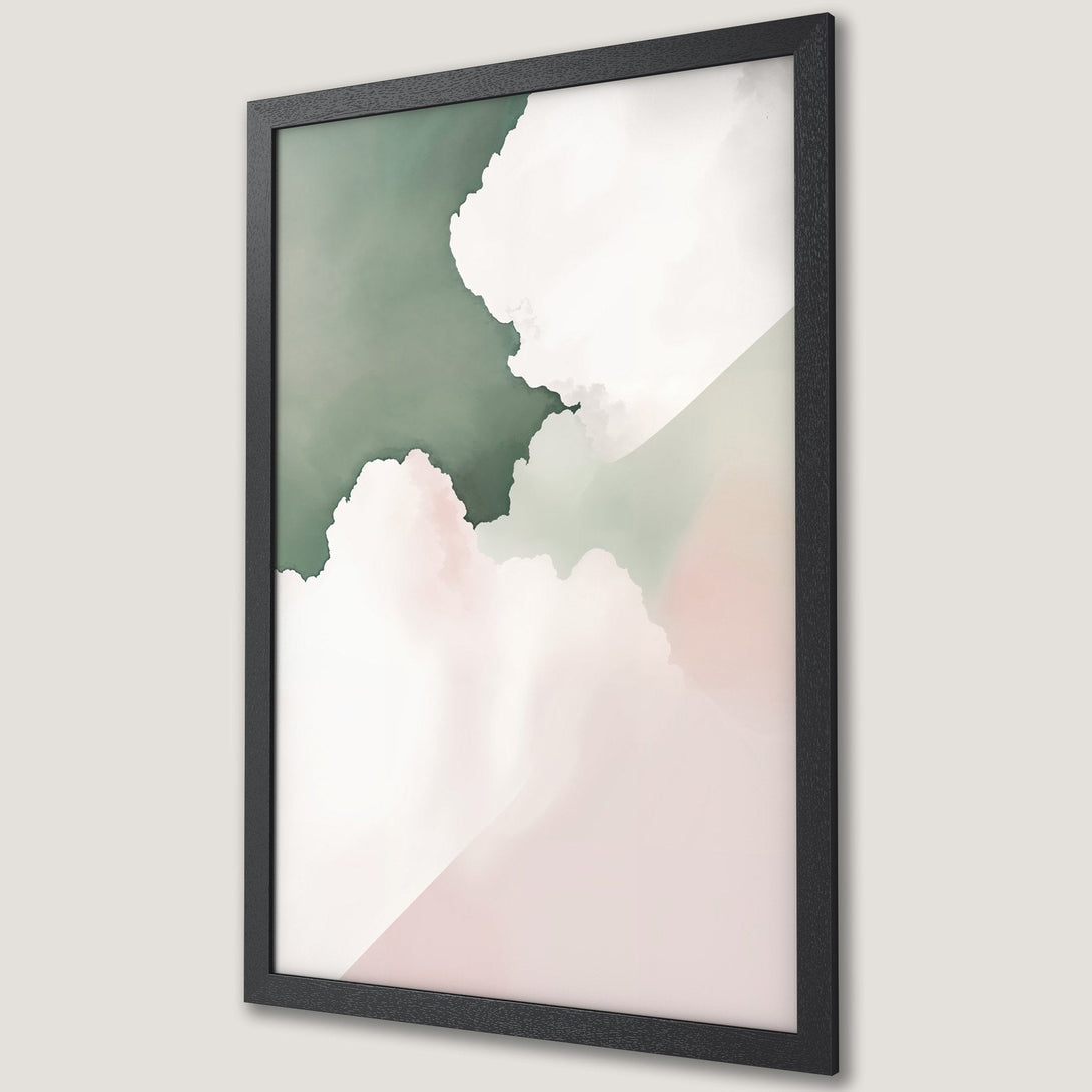 Framed Poster featuring abstract cloud art in a soft green and pink color palette. Modern wall decor for any space.