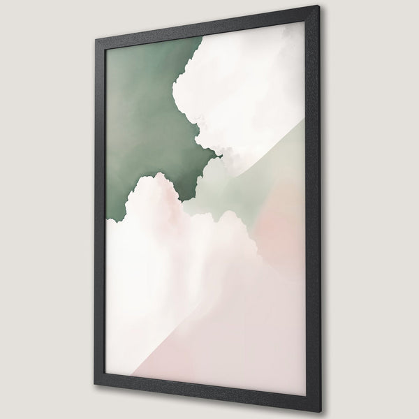 Framed Poster featuring abstract cloud art in a soft green and pink color palette. Modern wall decor for any space.