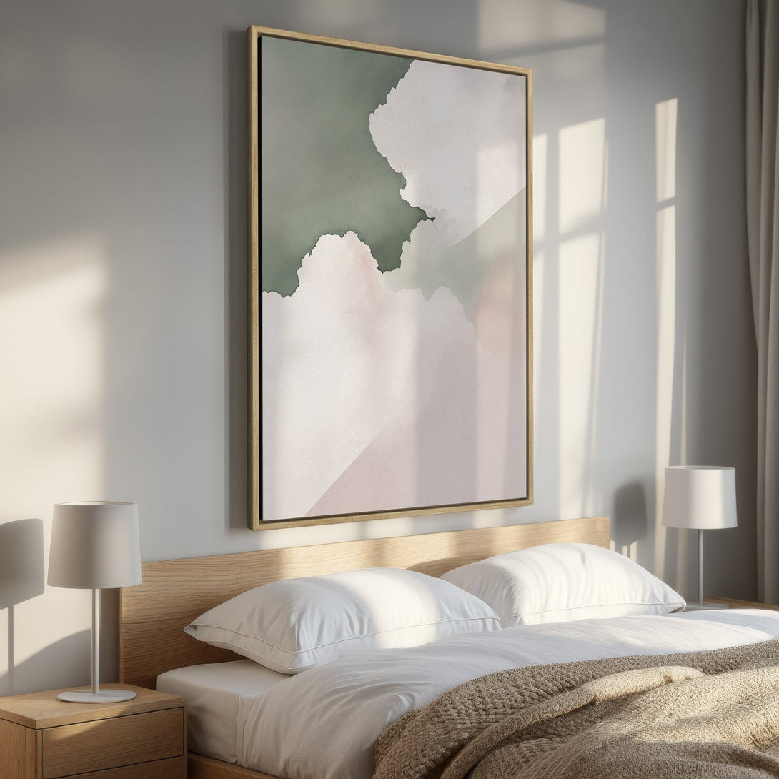 Framed Wall Art: Abstract cloudscape in muted green & pink hues. Modern canvas print adds a touch of serenity to any bedroom decor.