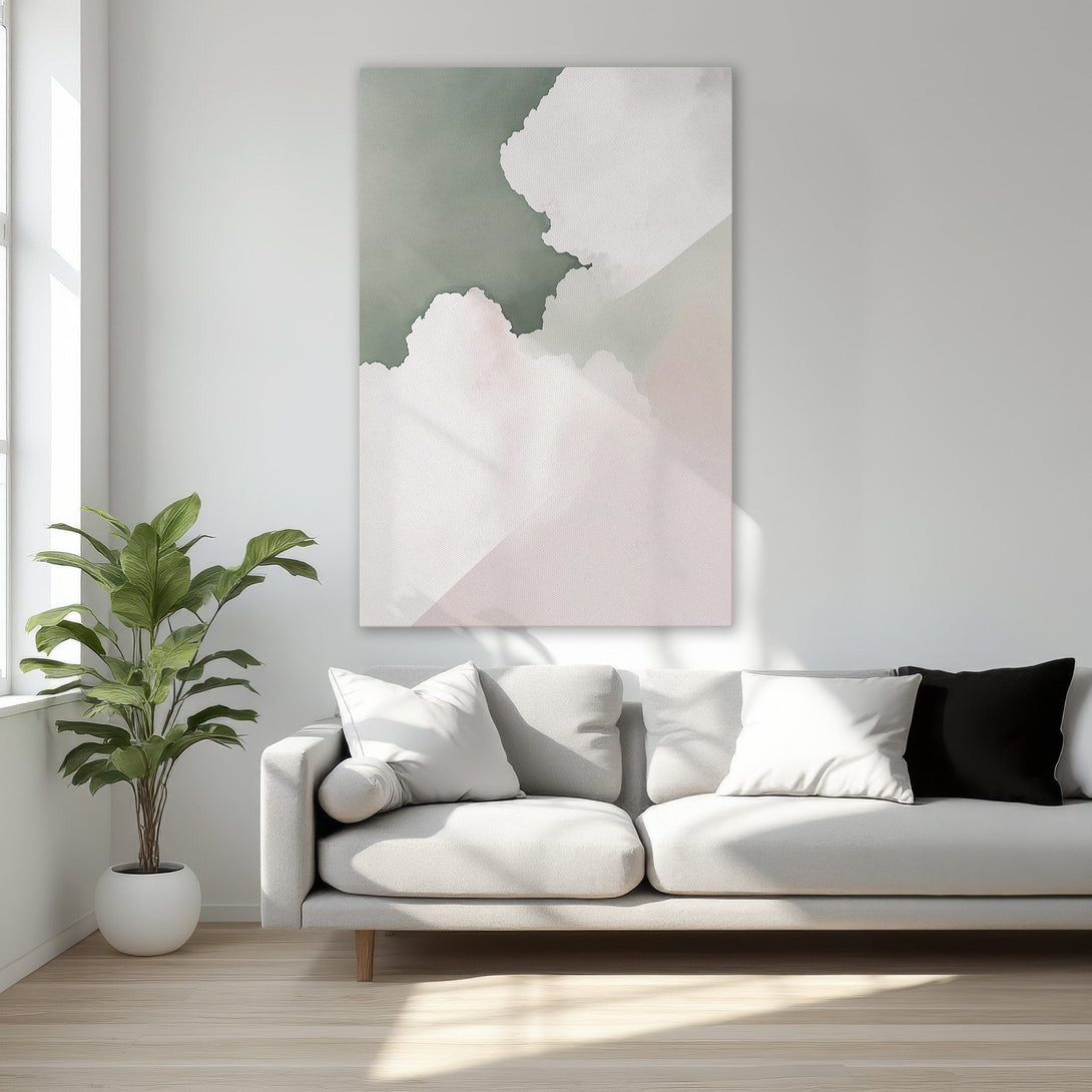 Framed Wall Art: Abstract cloud design in soft pink and green hues. Elevate your space with this stylish Canvas Print, perfect for modern interiors.