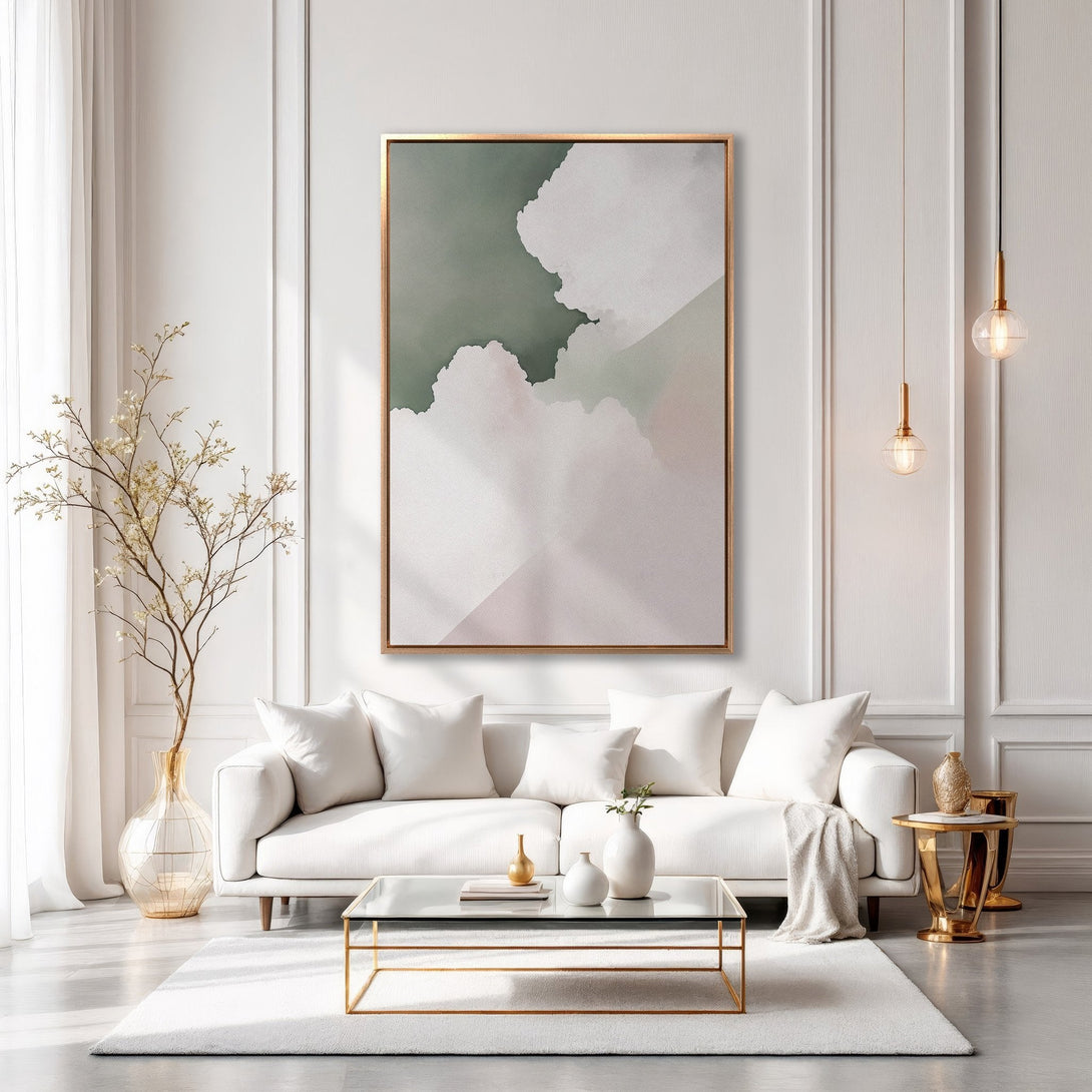 Framed Wall Art featuring an abstract cloud design in a soft, muted color palette. Modern art for living room decor.