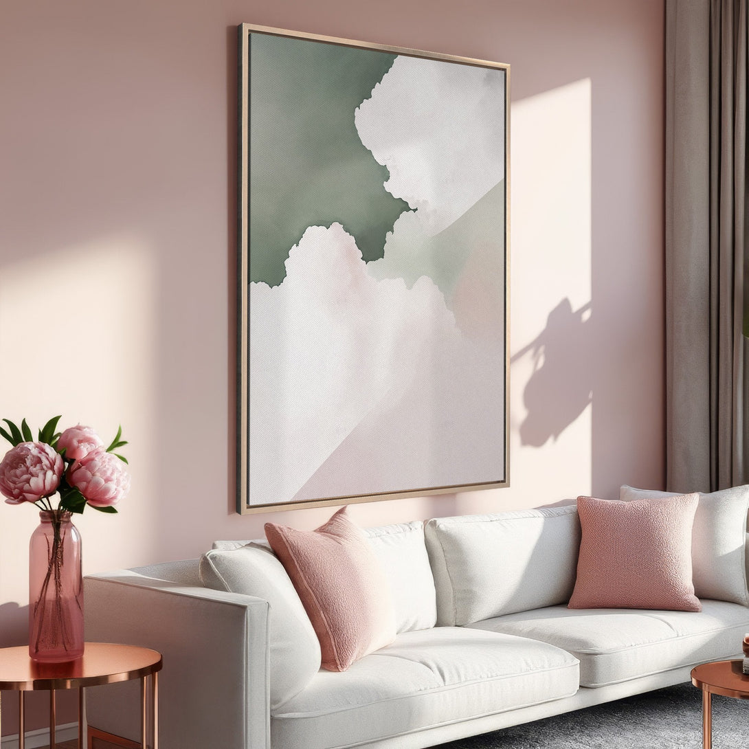 Framed Wall Art featuring abstract cloud design in soft pink and green hues, perfect for adding a touch of modern elegance to your living room.