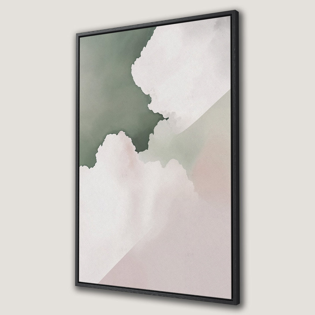Framed Wall Art featuring an abstract cloud design in soft green and blush tones. Modern art for your home.