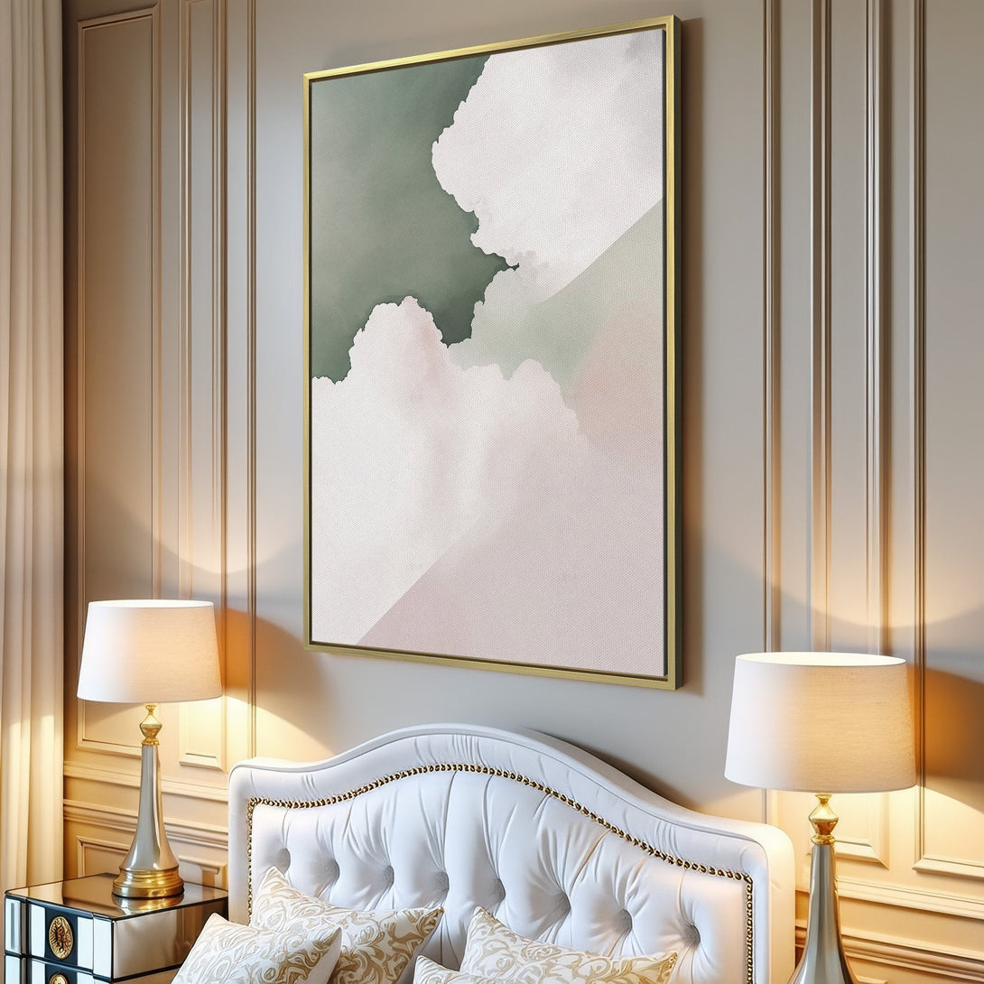 Abstract Canvas Print in a modern living room. Features a soft color palette of pink, green, and white. Perfect for minimalist decor.