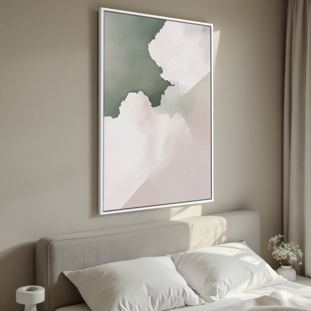 Framed Wall Art: Abstract cloudscape Canvas Print in soft pinks and greens. Modern art for bedroom decor. Shop now for calming wall art!