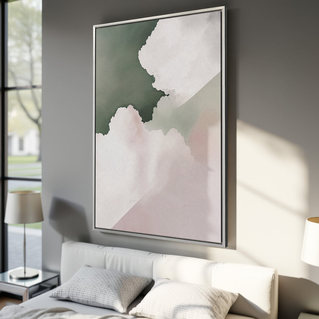 Framed Wall Art featuring an abstract watercolor design in soft pinks, greens, and white. Modern canvas print perfect for bedroom decor.