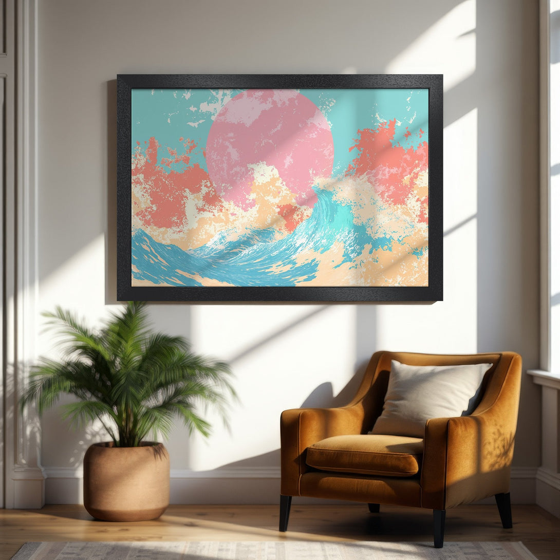 Framed Poster featuring a vibrant abstract wave design in pastel colors. Perfect wall art for a modern home.