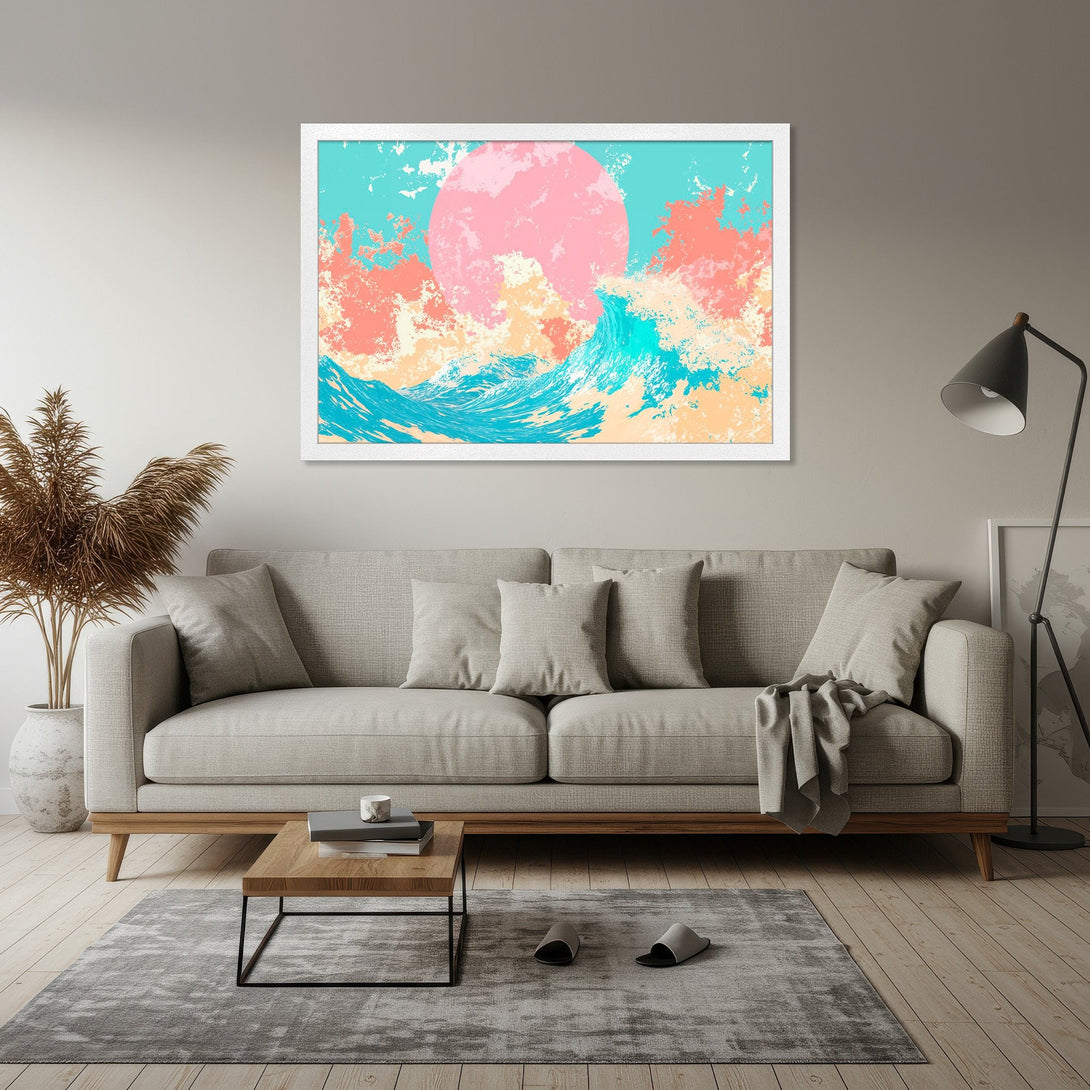 Framed Poster featuring an abstract ocean scene with a pink sun, in a modern style with a teal, coral, and cream color palette.