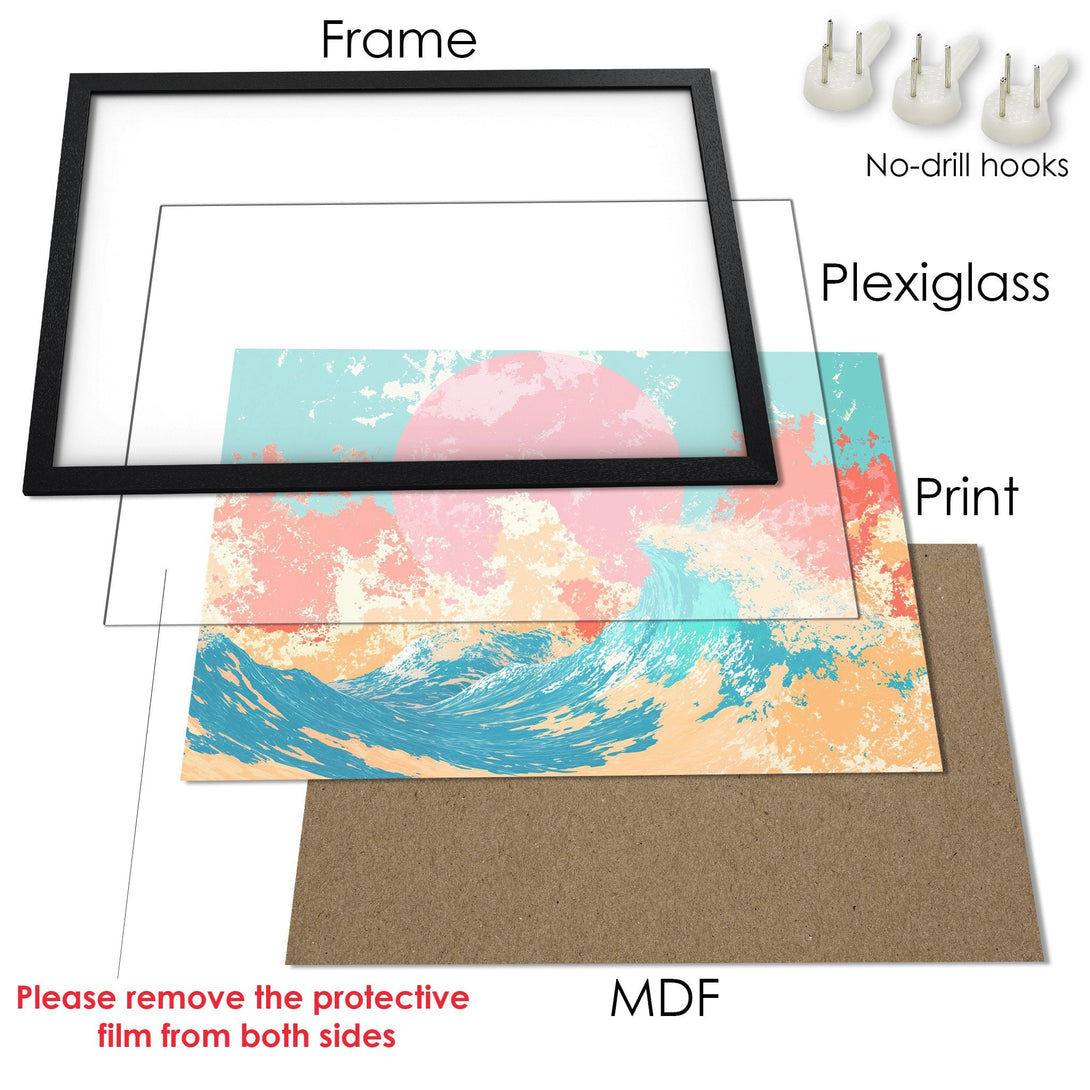 Framed Poster with abstract ocean art in pastel colors. Ready to hang wall decor.