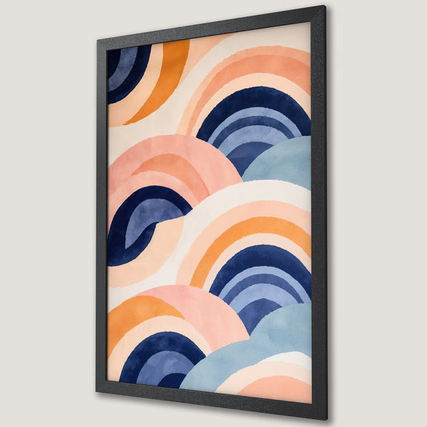 Framed Poster featuring abstract watercolor arches in a warm color palette of peach, blue, and orange. Modern art print for home decor.