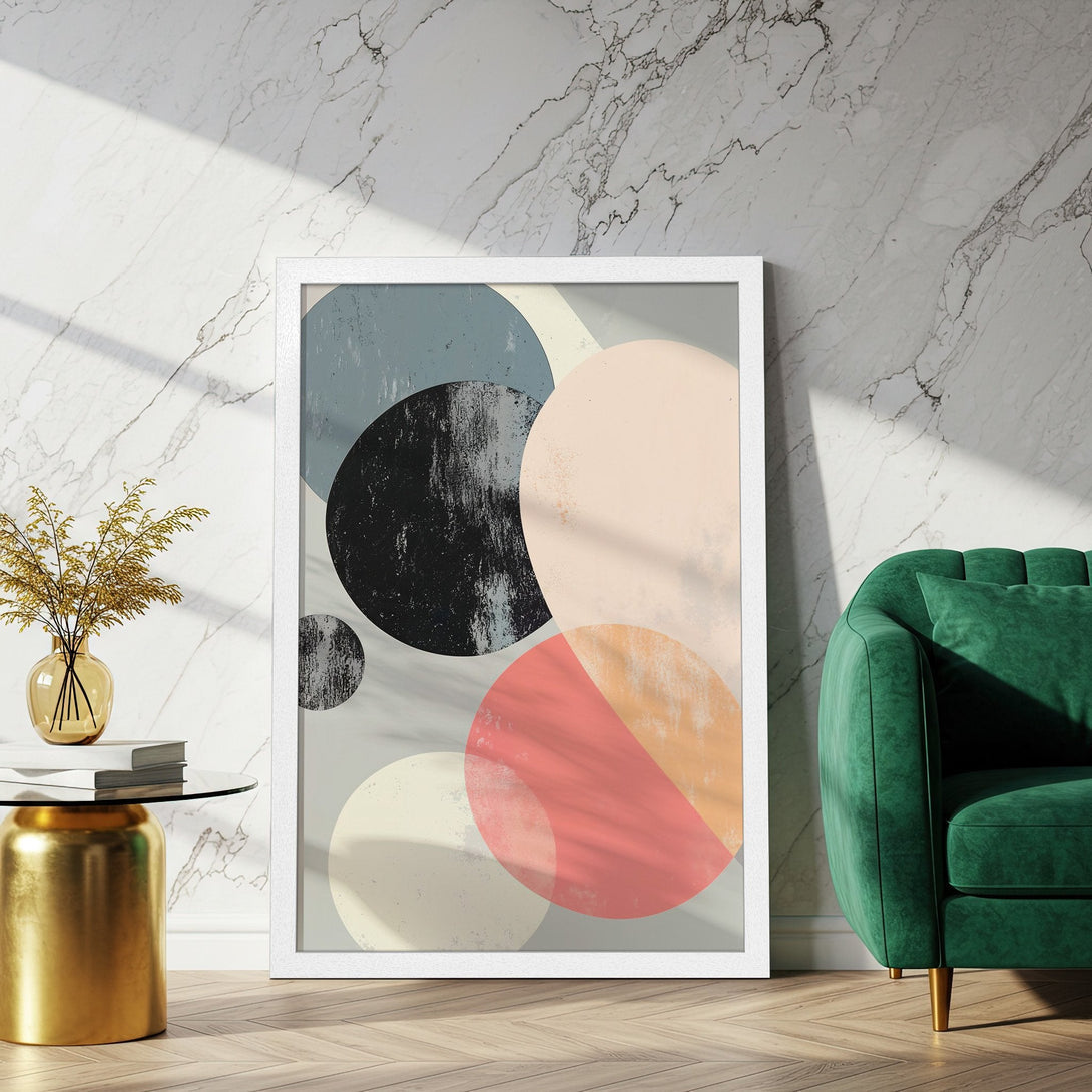 Framed Poster featuring abstract geometric art in a neutral and pastel color palette. Modern wall art for home decor.