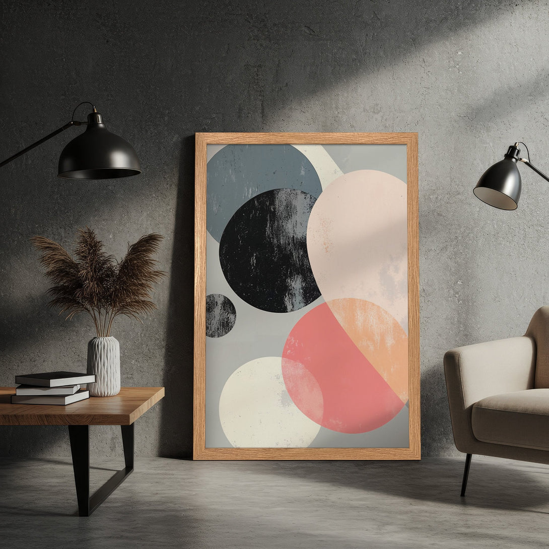 Framed Poster with abstract geometric circles in a modern style. Features a muted color palette of pink, gray, and black. Perfect wall art!
