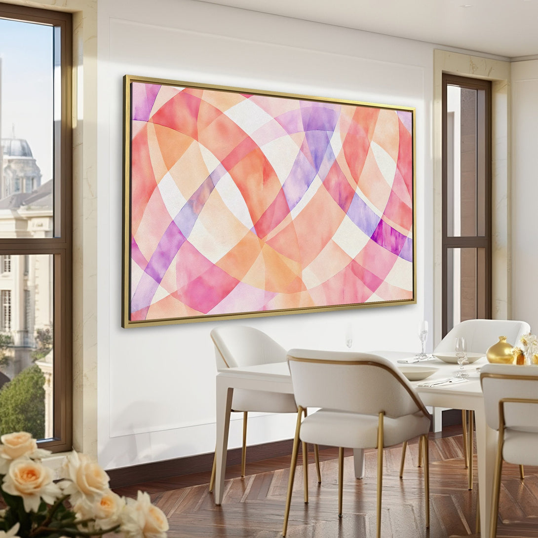 Canvas Print featuring an abstract watercolor design in pink, purple, and orange hues. Perfect wall art for a sophisticated space.