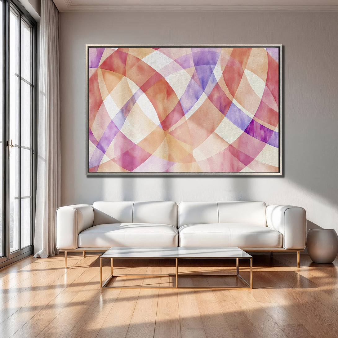 Framed Wall Art: Abstract watercolor painting in warm tones of orange, pink, and purple. Modern art canvas print adds a pop of color to any living room.