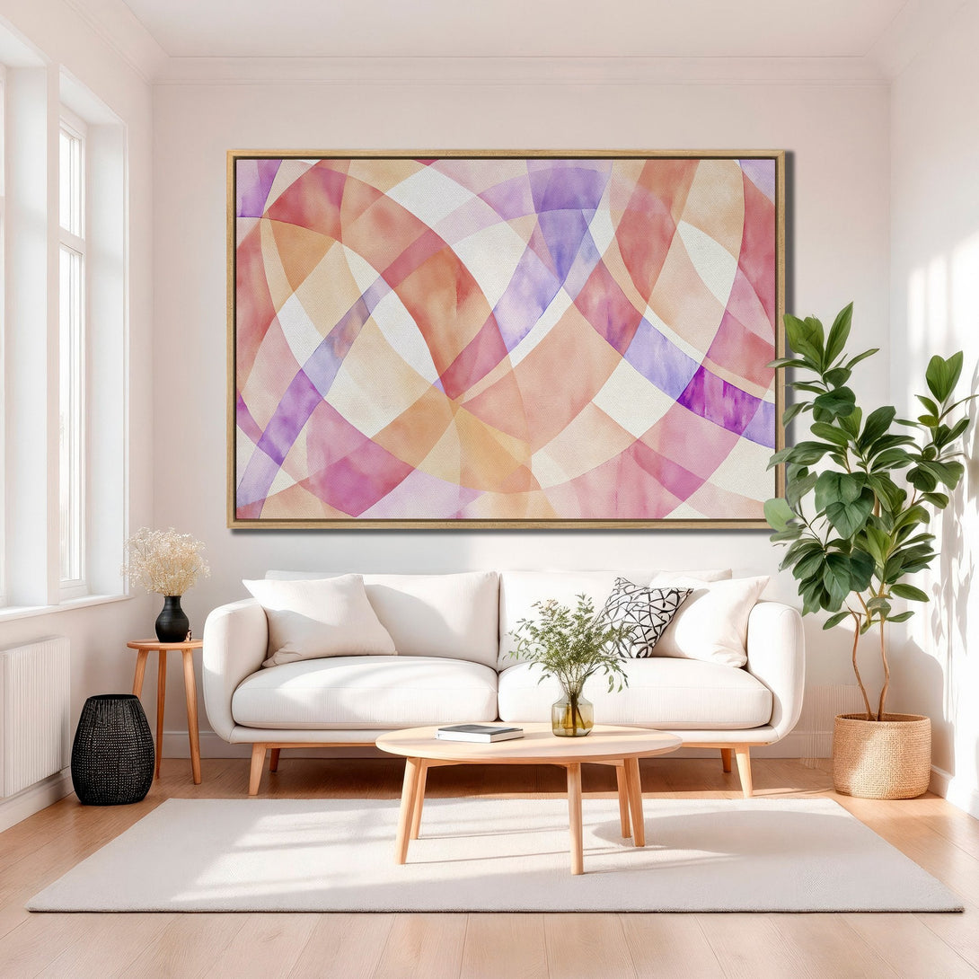 Framed Wall Art: Abstract watercolor canvas print in pink, purple, and peach tones. Modern art for living room decor.