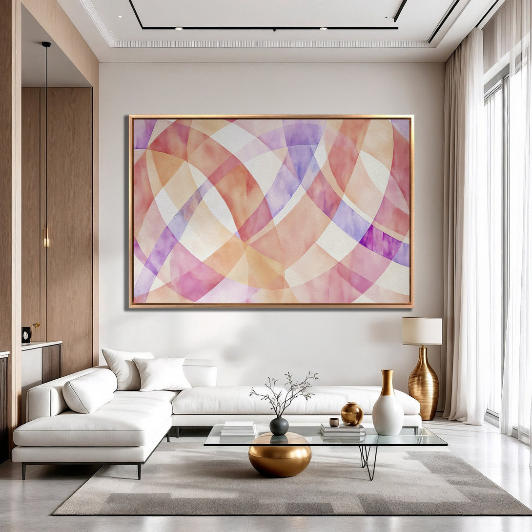 Framed Wall Art featuring an abstract watercolor design in a warm, inviting palette of pinks, oranges, and purples. Perfect for modern home décor!