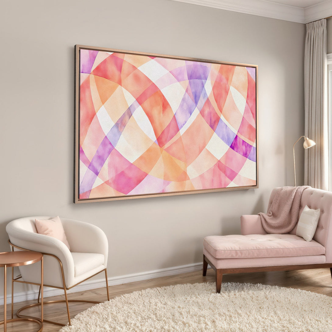 Framed Wall Art: Abstract watercolor art in pink, orange, and purple hues. Modern canvas print adds a pop of color to any living room or bedroom.