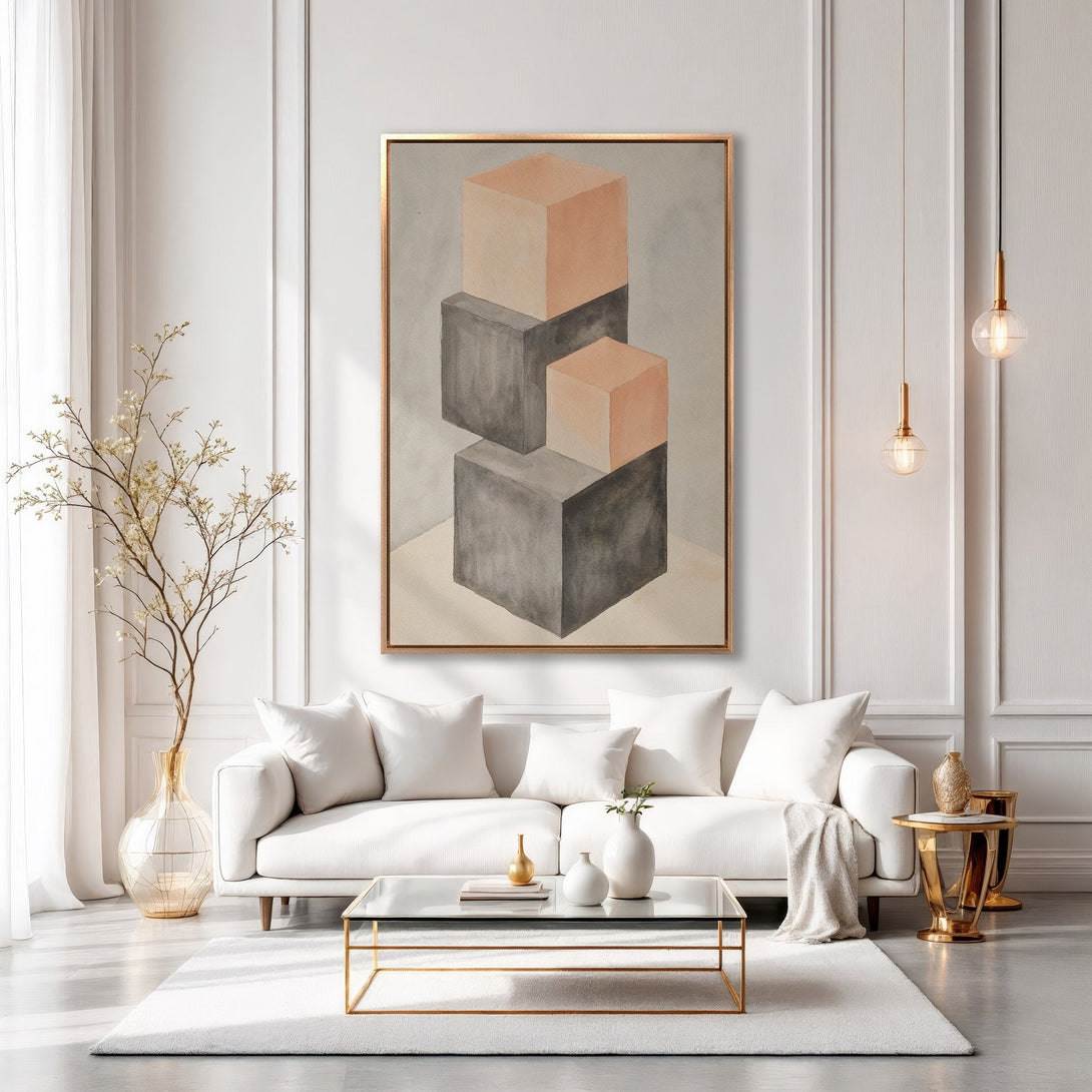 Framed Wall Art featuring geometric cubes in neutral tones. Modern abstract art for living room decor. Enhance your space with this stylish canvas print.