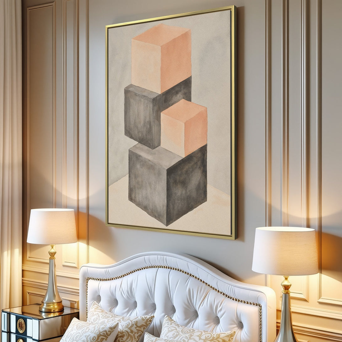 Canvas Print featuring geometric abstract art with stacked cubes in neutral gray and peach tones, perfect for modern decor.