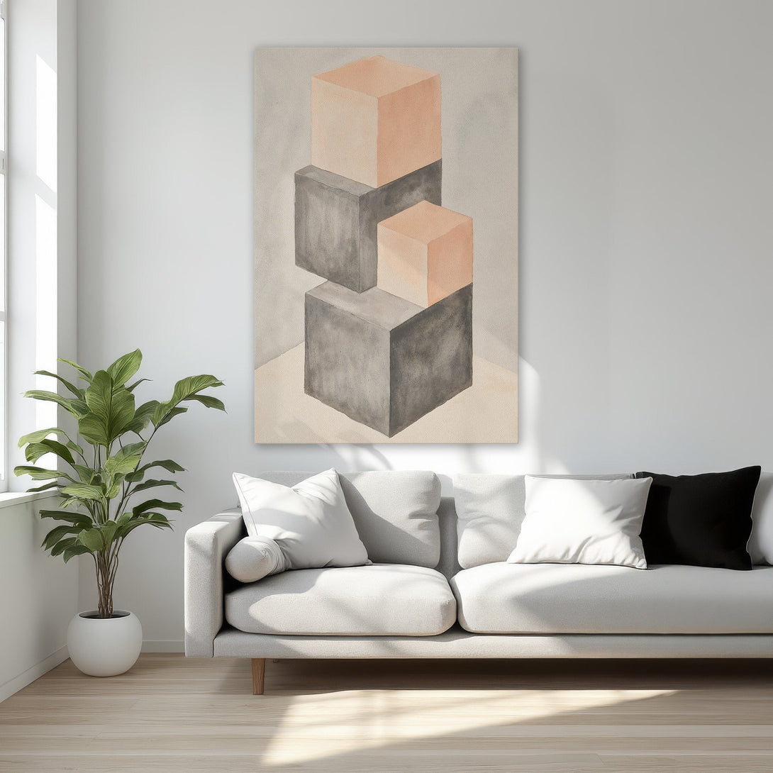 Framed Wall Art featuring an abstract geometric design in neutral tones. Modern art canvas print with a warm, inviting color palette for your home.