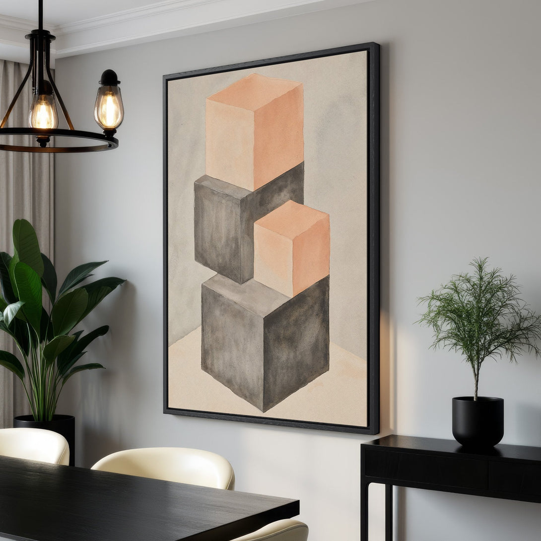 Framed Wall Art featuring an abstract geometric design with stacked cubes in a neutral, warm color palette. Modern art for a stylish interior.