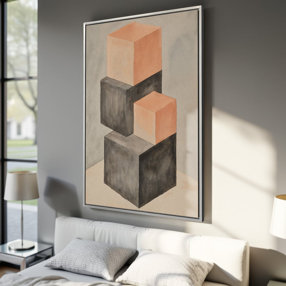 Framed Wall Art: Abstract geometric art in neutral tones (gray, black, and peach). Modern canvas print adds style to any room.