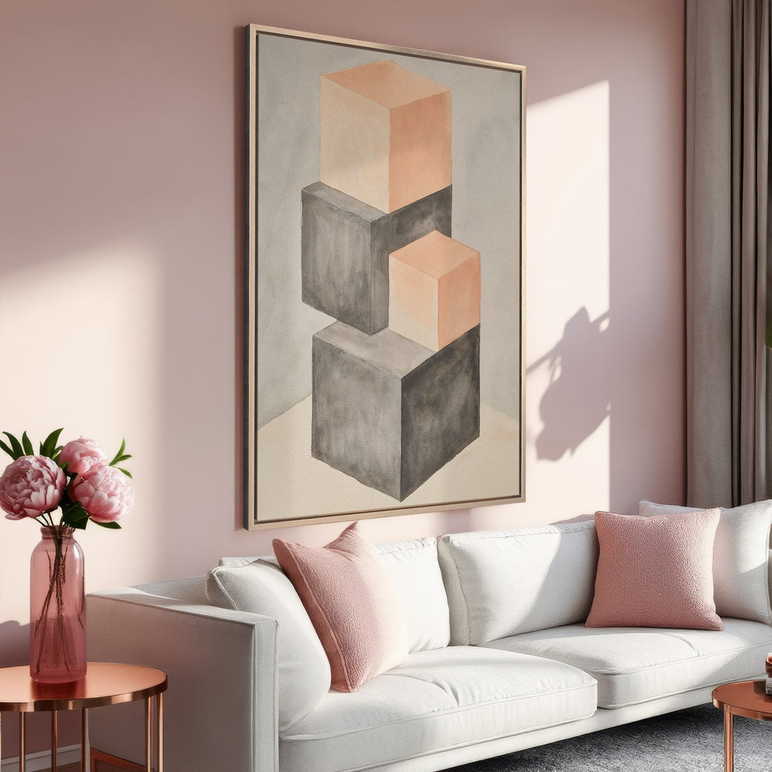 Framed Wall Art featuring geometric cubes in a neutral and blush color palette. Modern art perfect for adding a touch of elegance to any space.