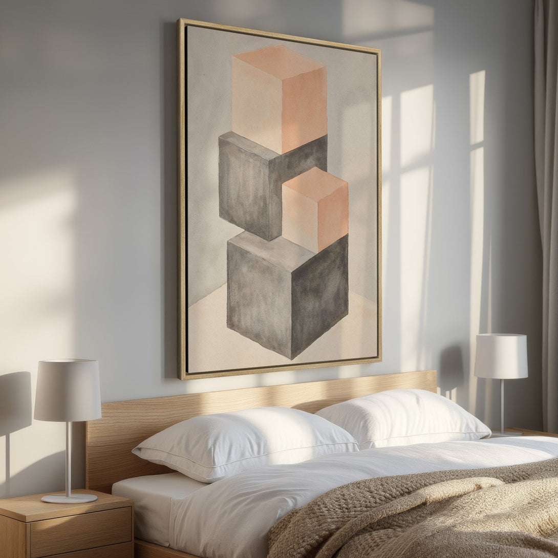 Framed Wall Art featuring abstract geometric cubes in a neutral color palette. Modern art for bedroom decor. Elevate your space with this stylish print.