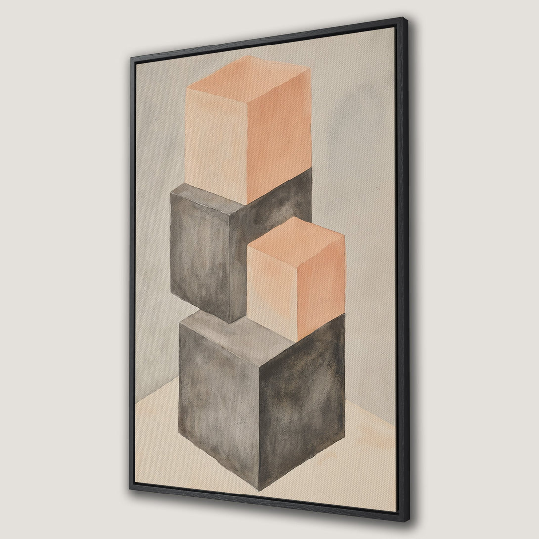 Framed Wall Art: Abstract geometric art print with stacked cubes in neutral tones. Modern decor featuring a minimalist style and warm color palette.