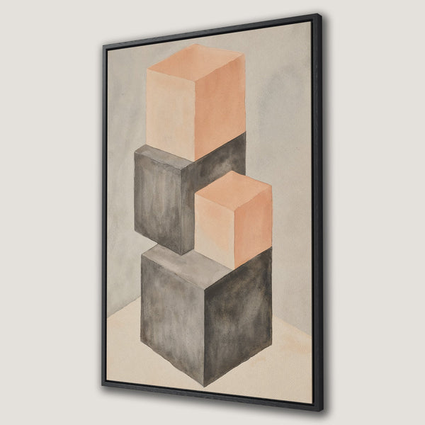 Framed Wall Art: Abstract geometric art print with stacked cubes in neutral tones. Modern decor featuring a minimalist style and warm color palette.