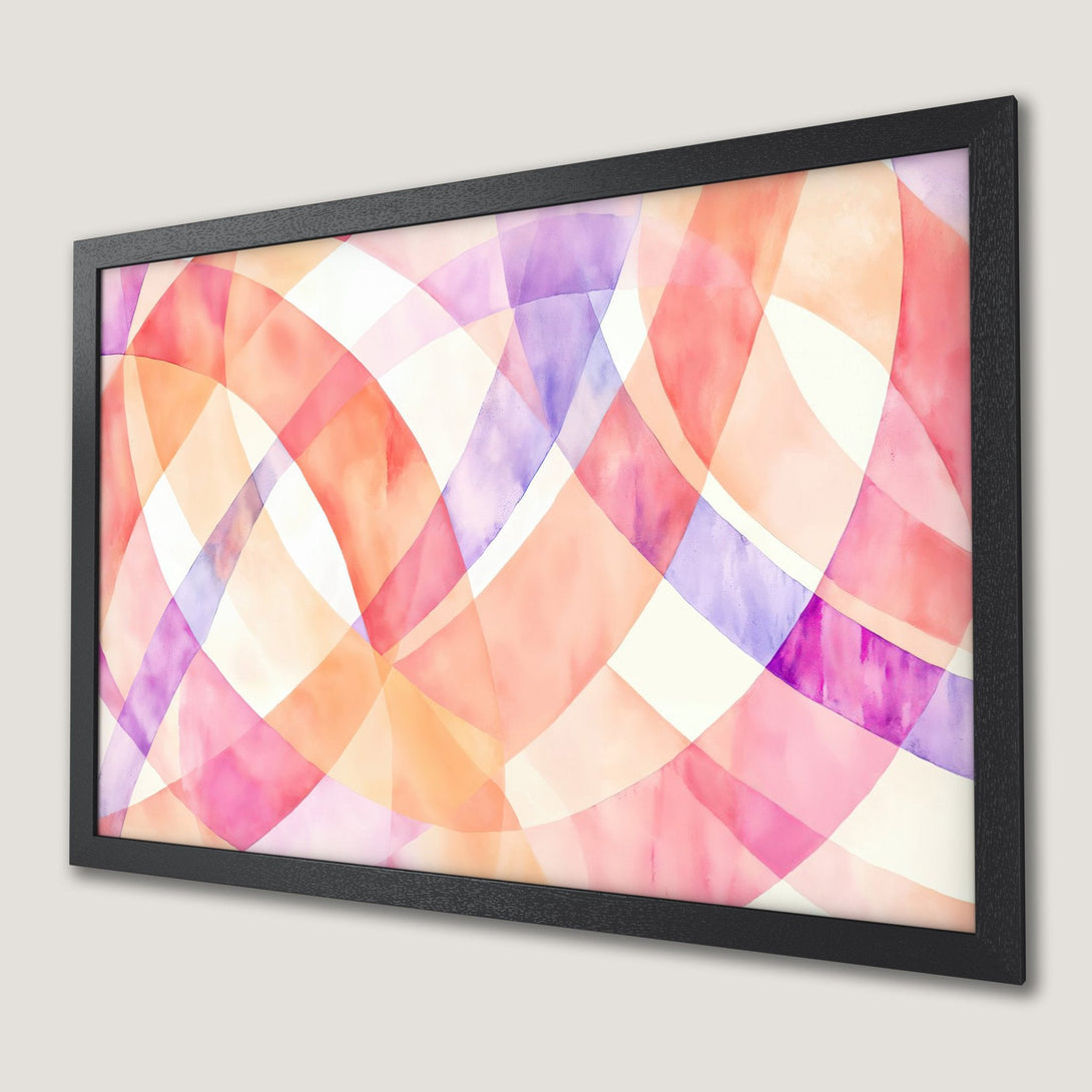 Framed Poster featuring an abstract watercolor design in a warm pink, orange, and purple palette. Perfect wall art!