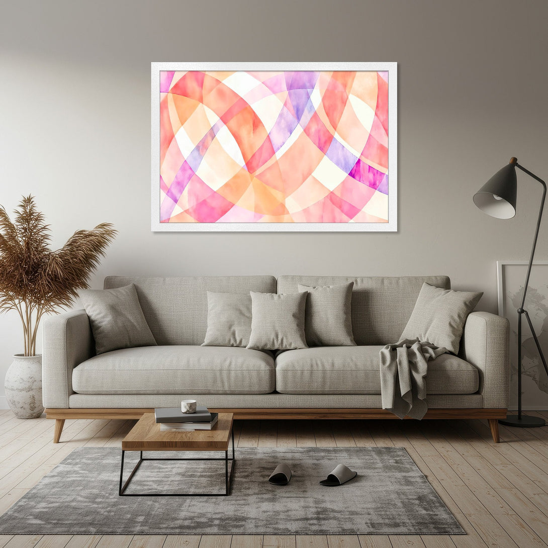 Framed Poster featuring an abstract watercolor design in pink, orange, and purple hues, perfect for modern home decor.