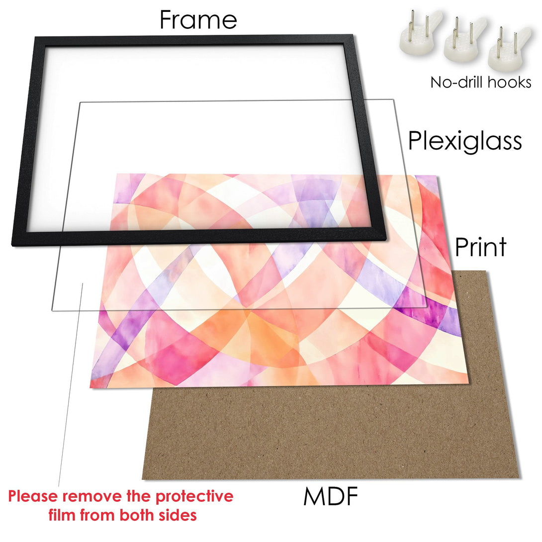 Framed Poster featuring abstract watercolor art in a pink, orange, and purple palette. Perfect wall decor!