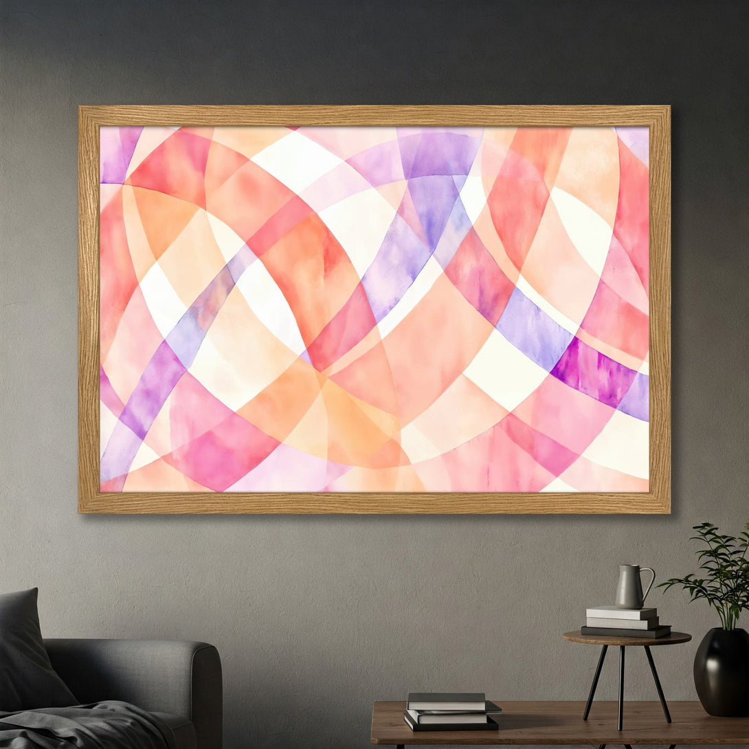 Framed Poster featuring abstract watercolor design in pink, orange, and purple hues. Perfect wall art to brighten any space!
