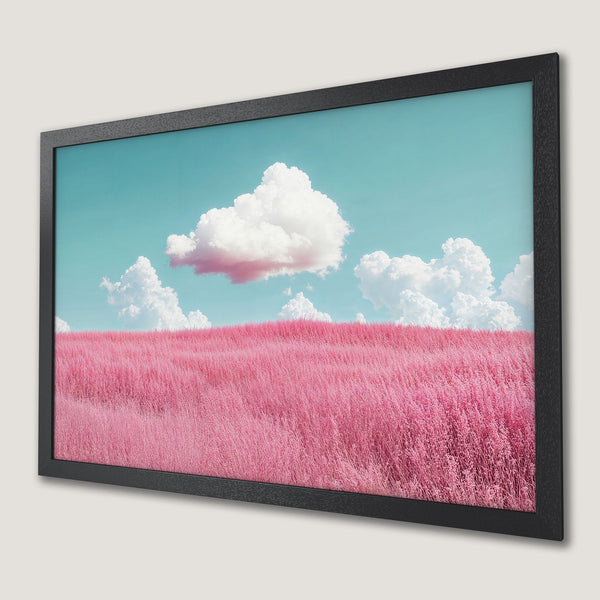 Framed Poster featuring a pink field and fluffy clouds against a blue sky. Dreamy landscape art print.