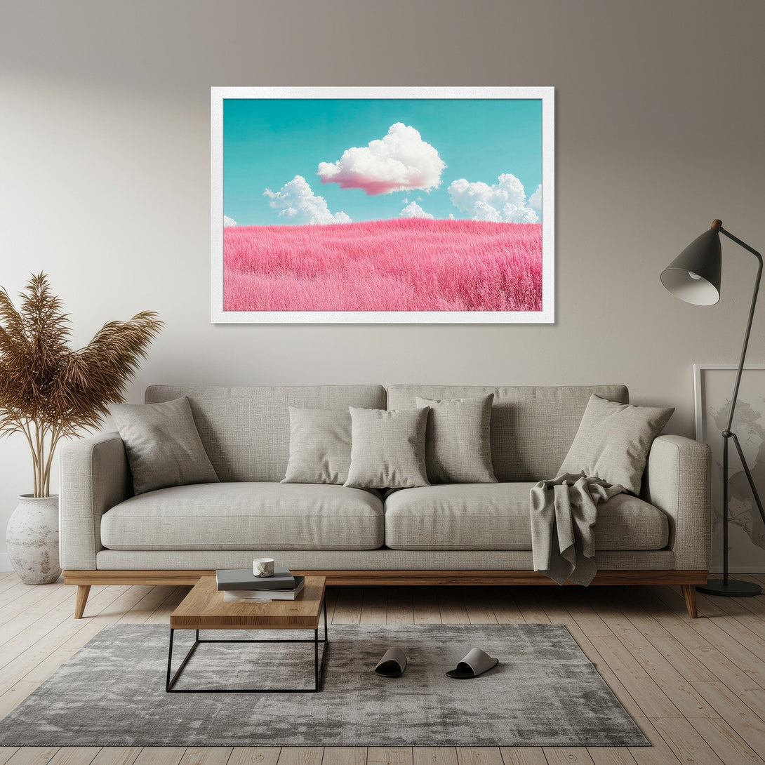 Framed Poster featuring a pink field under a blue sky with white clouds. Modern style, vibrant color palette. Perfect wall art!
