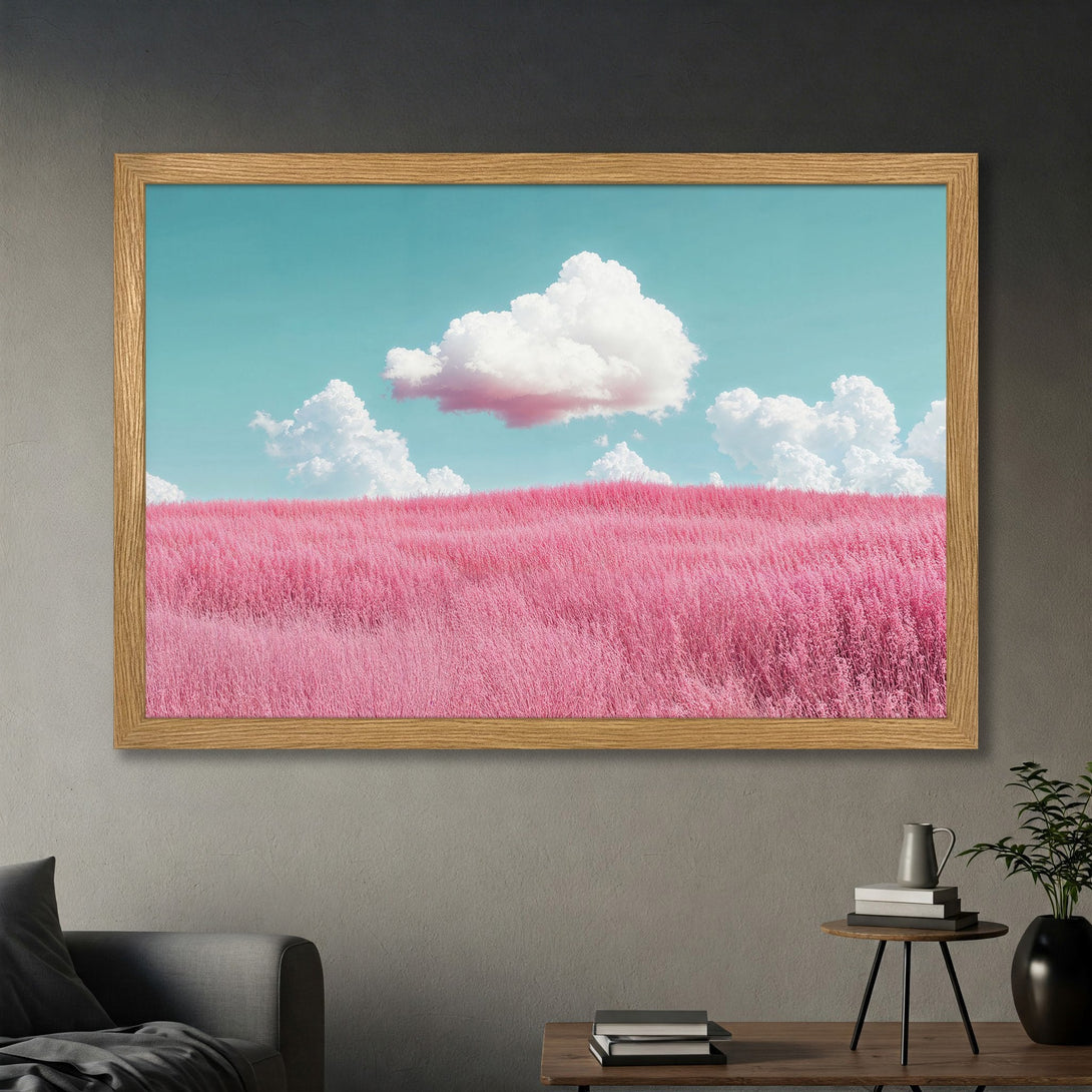 Framed Poster featuring a dreamy pink field under a blue sky with fluffy clouds. Perfect wall art for a calming aesthetic.