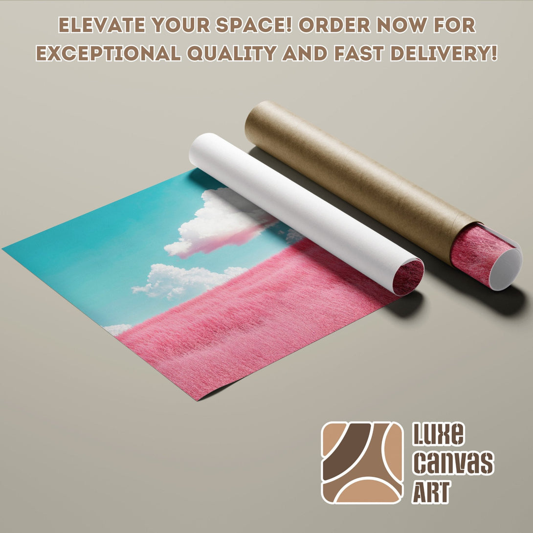 Poster Roll with dreamy landscape art, featuring a pink field, blue sky, and white clouds. Pastel color palette.