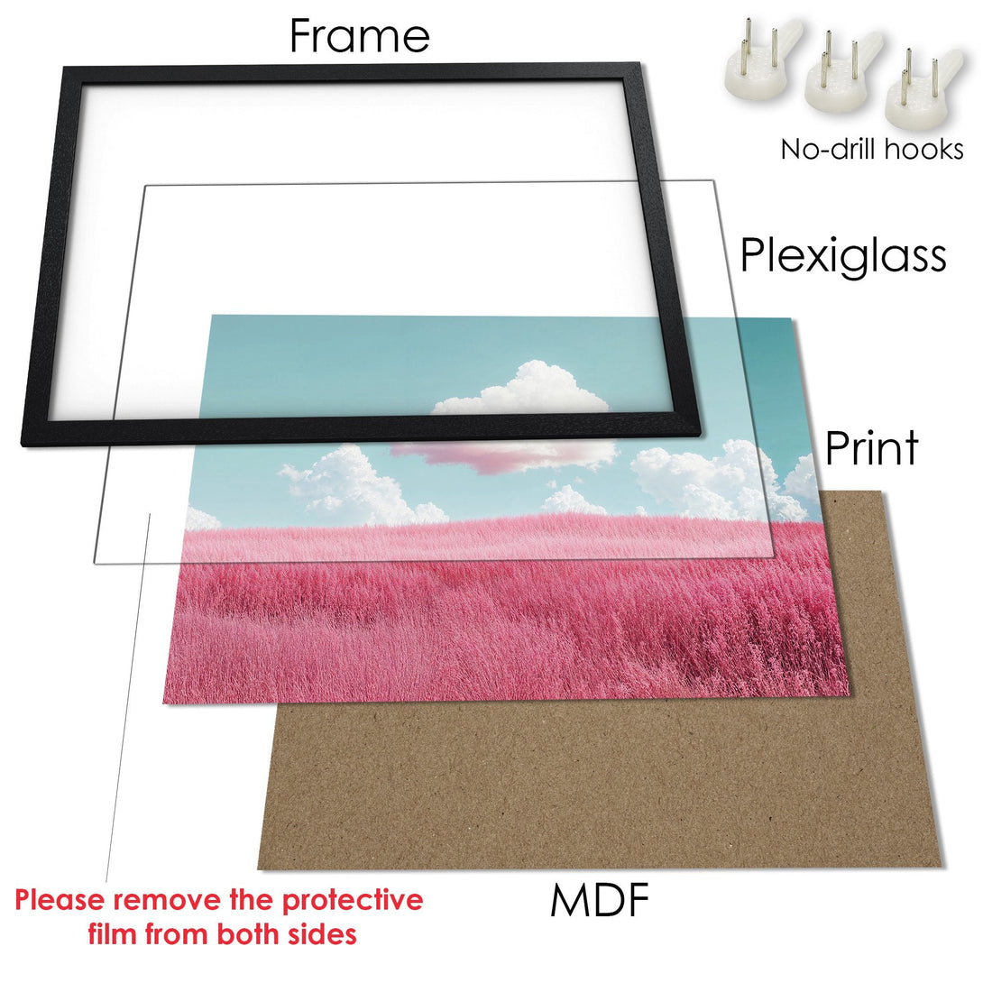 Framed Poster featuring a pink field under a blue sky. Modern style, pastel color palette, ready to hang.