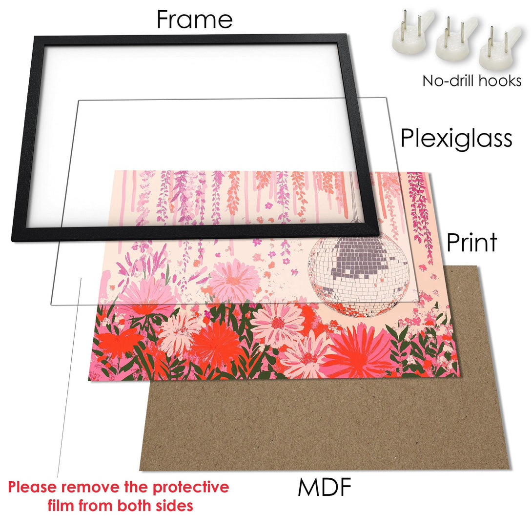 Framed Poster featuring a vibrant floral design in pink and red hues. Perfect art for your wall!