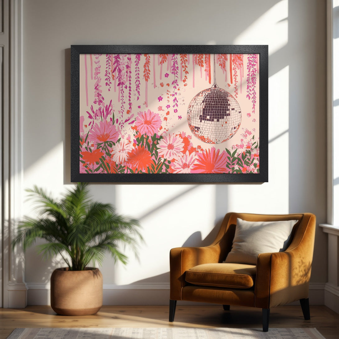 Framed Poster featuring a disco ball and floral design. Modern art style with pink, orange, and beige color palette. Perfect wall decor!